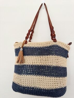 Brighton Woven Straw Striped Cream Blue w Brown Leather Shoulder Bag